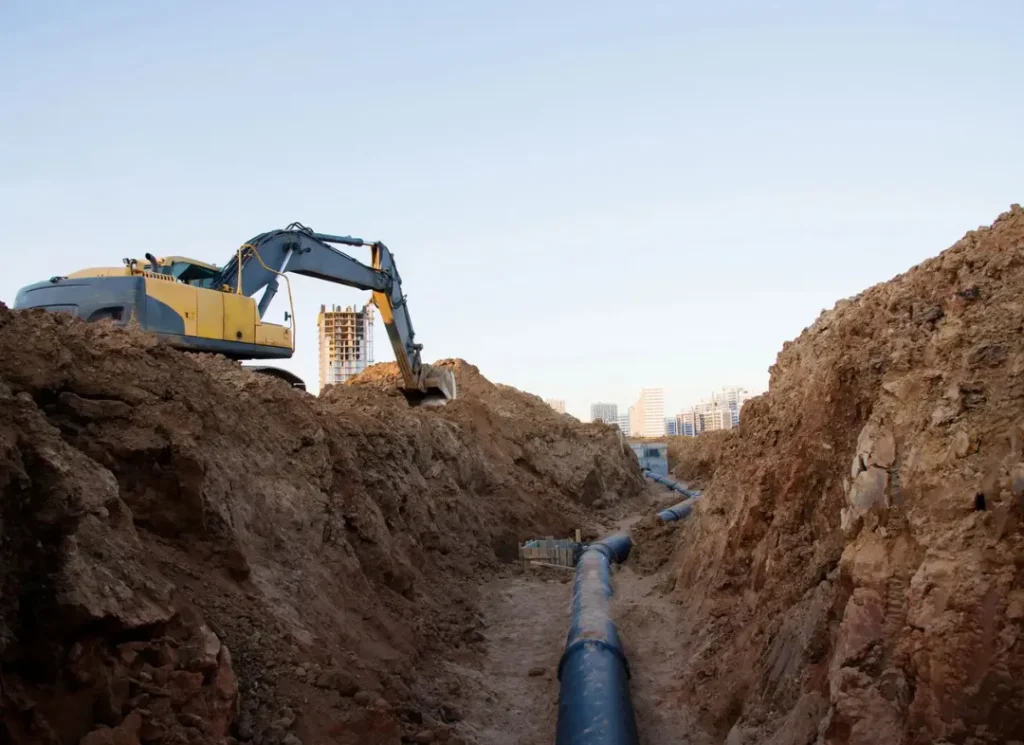 Excavator laying pipe